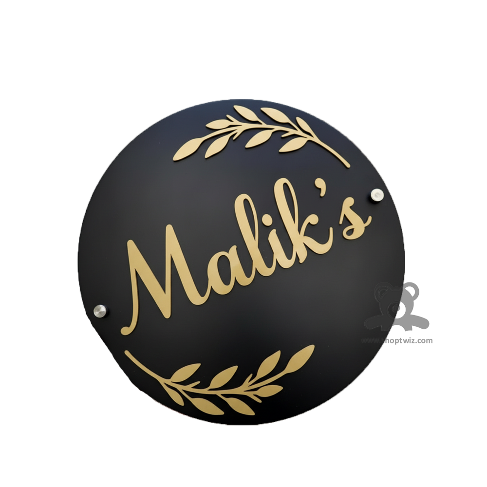 ShopTwiz Circle Black Acrylic Golden Letter Name Plate for House and Office