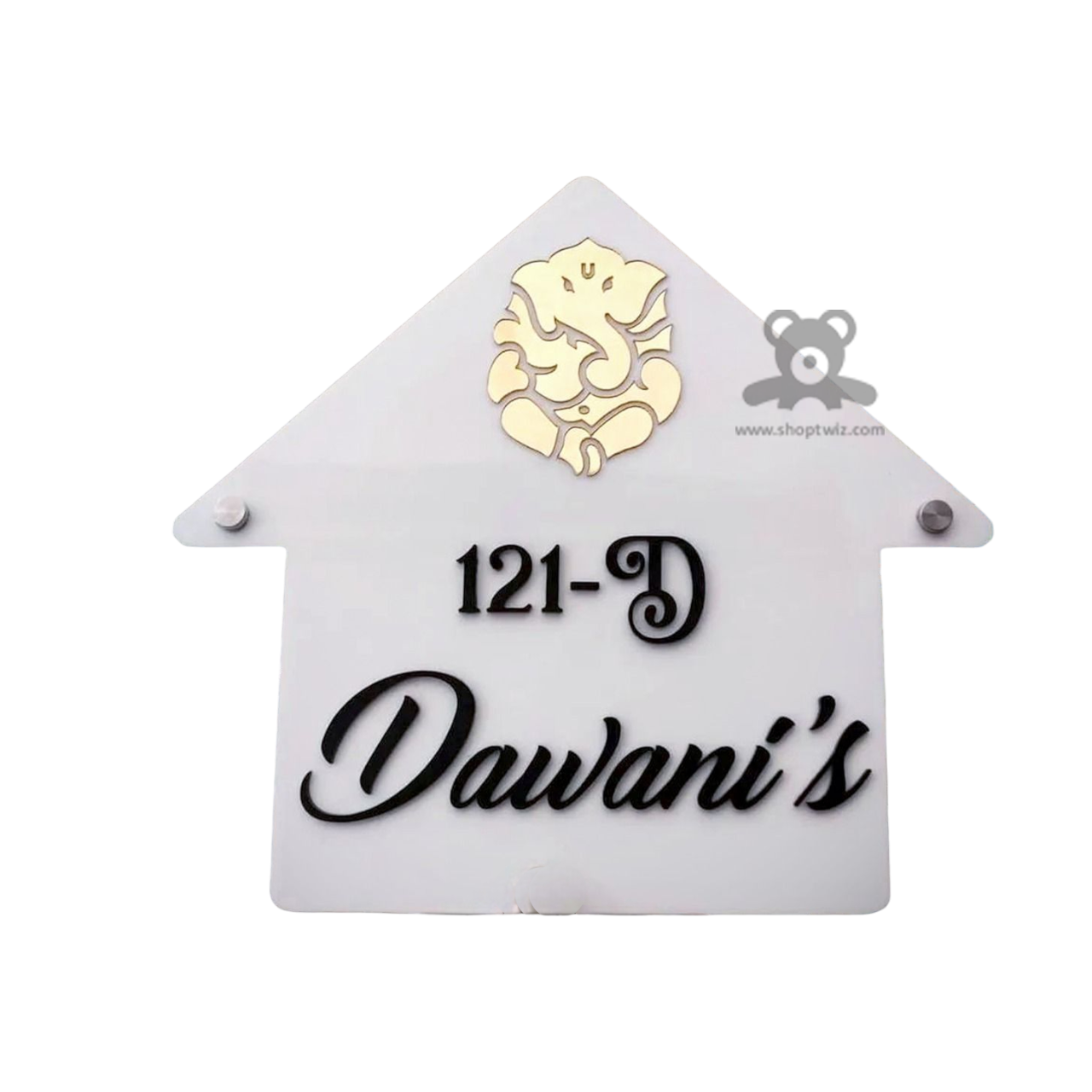 ShopTwiz Home Shape White Acrylic And Black Letter Ganesh Name Plate for House and Office