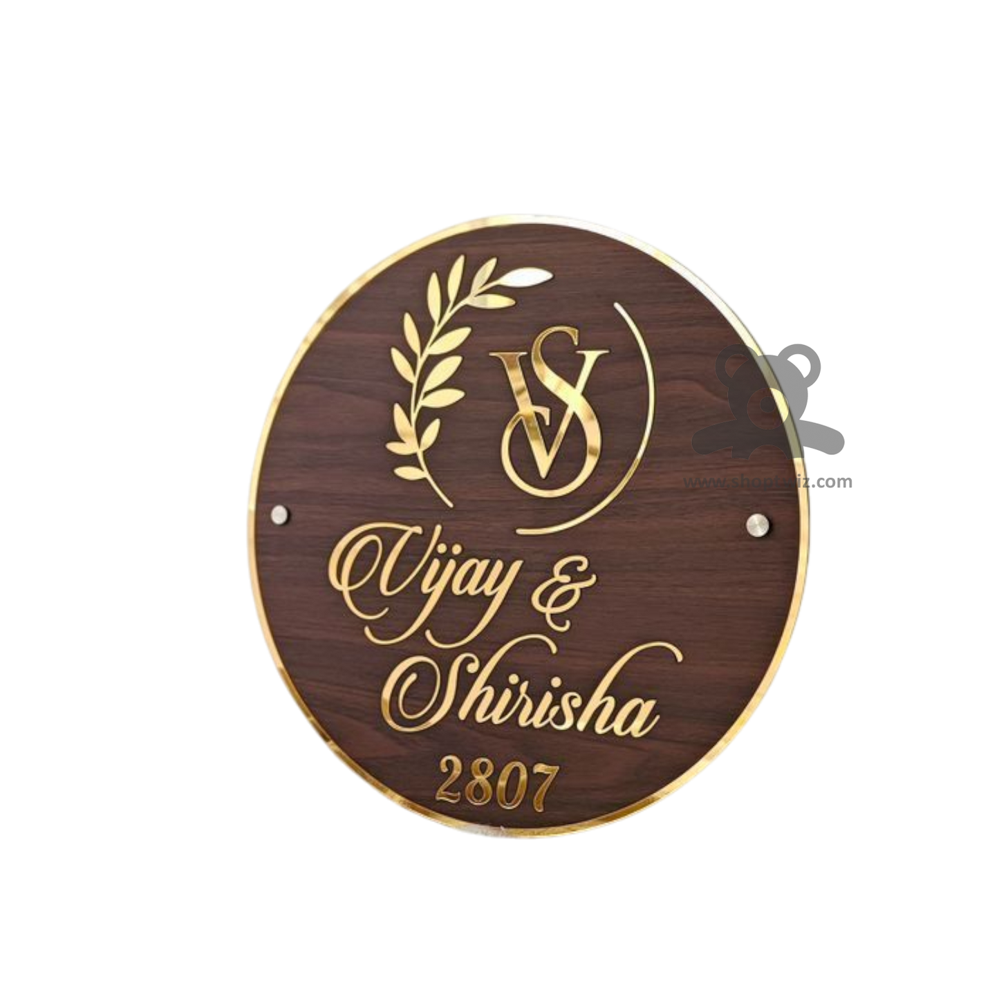 ShopTwiz Circle Wood Golden Border And Latter Name Plate for House and Office