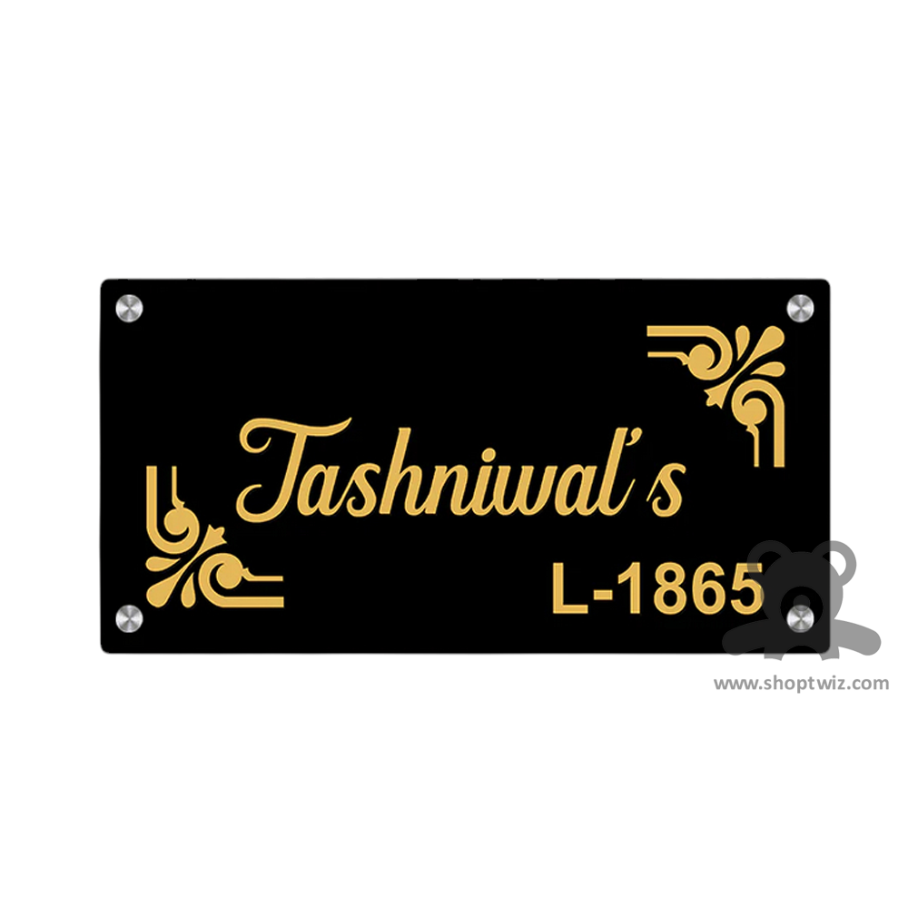ShopTwiz Rectangle Black Acrylic Golden Letter Design Name Plate for House and Office