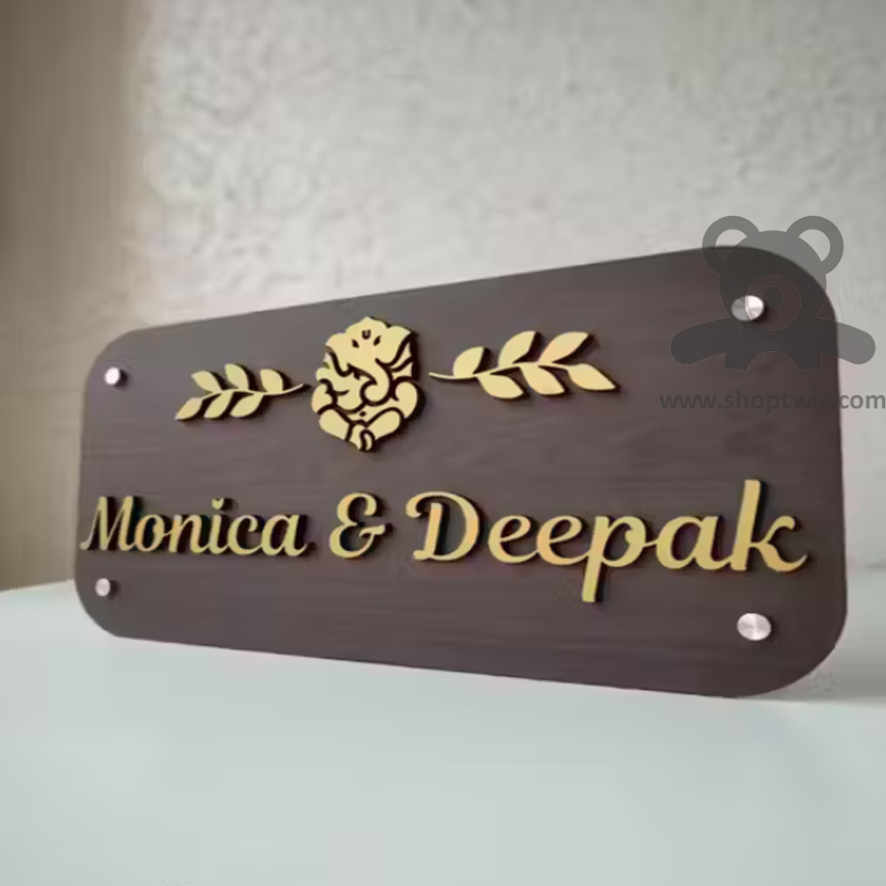 ShopTwiz Rectangle Wood Golden Letter Ganesh Name Plate for House and Office