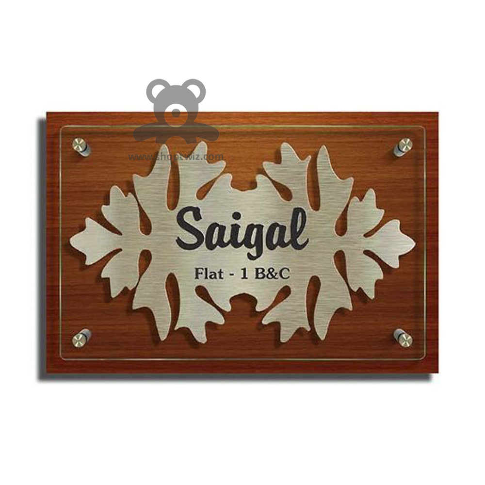ShopTwiz Rectangle Wood Transparent Acrylic Golden Design Black Letter Name Plate for House and Office