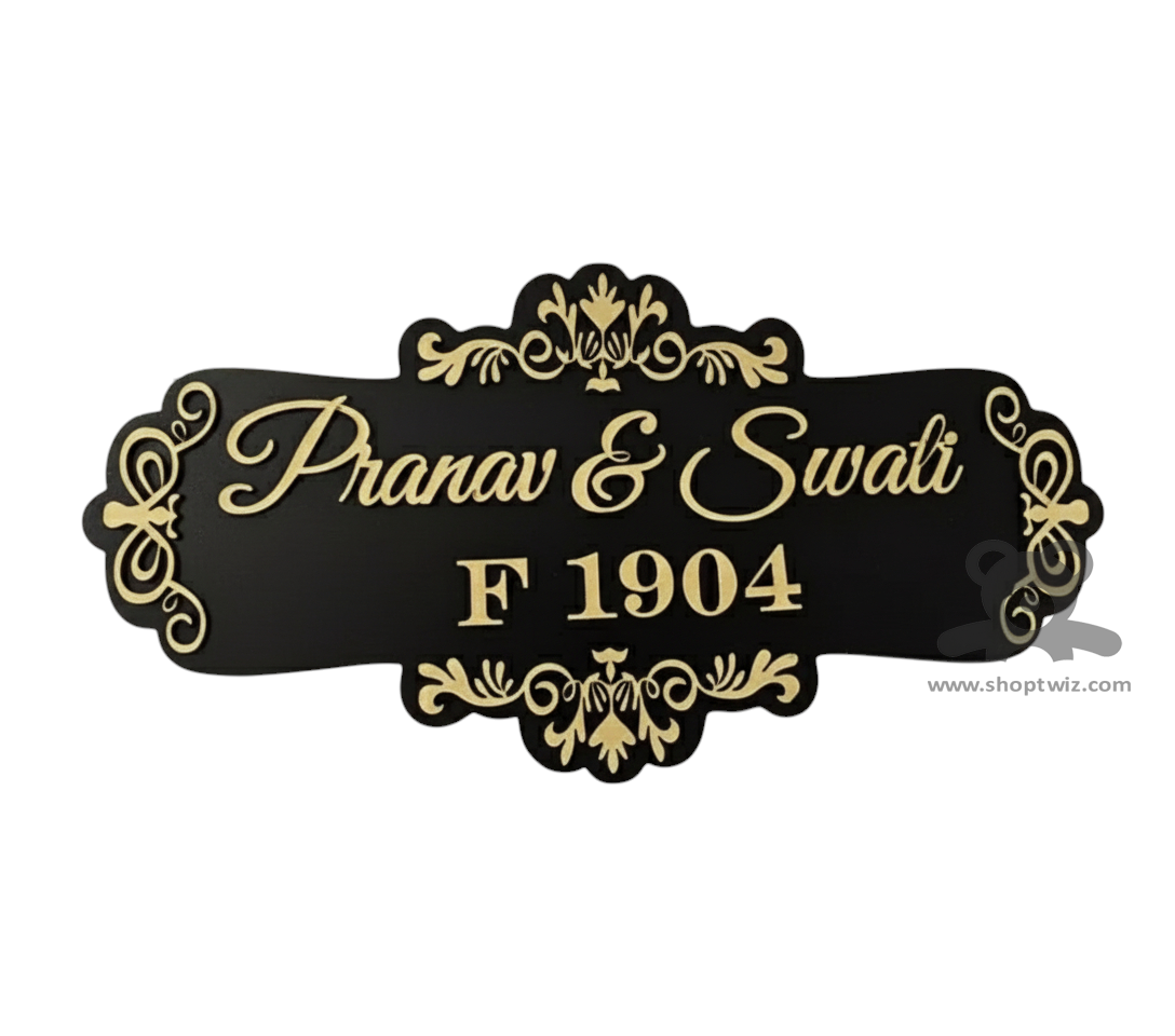 ShopTwiz Rectangle Black Golden Letter And Design Name Plate for House and Office