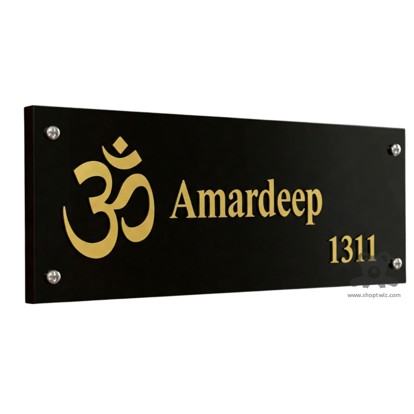 ShopTwiz Rectangle Black White Golden Om and Letters Name Plate for House and Office