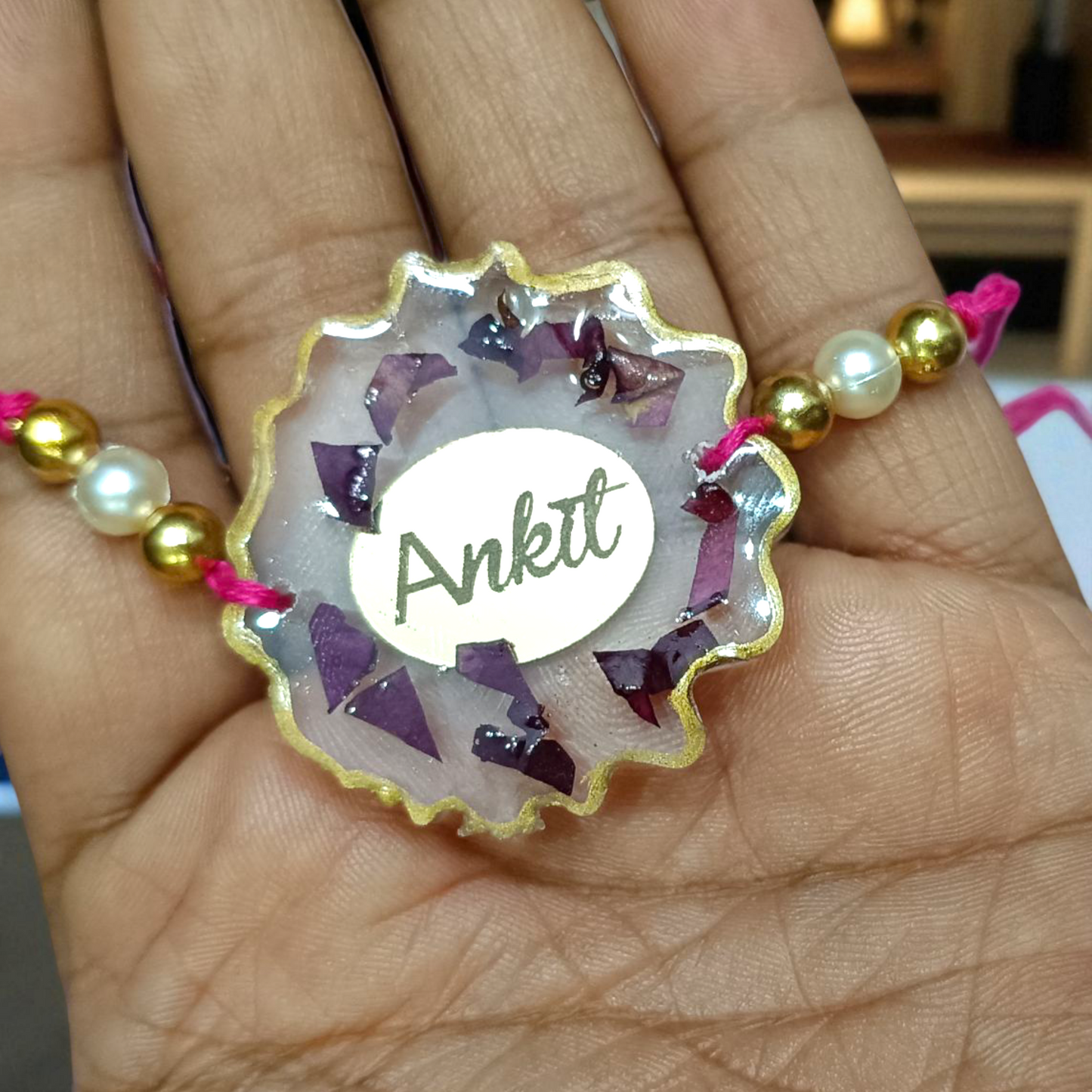 Customized Name Rose petals Resin Rakhi