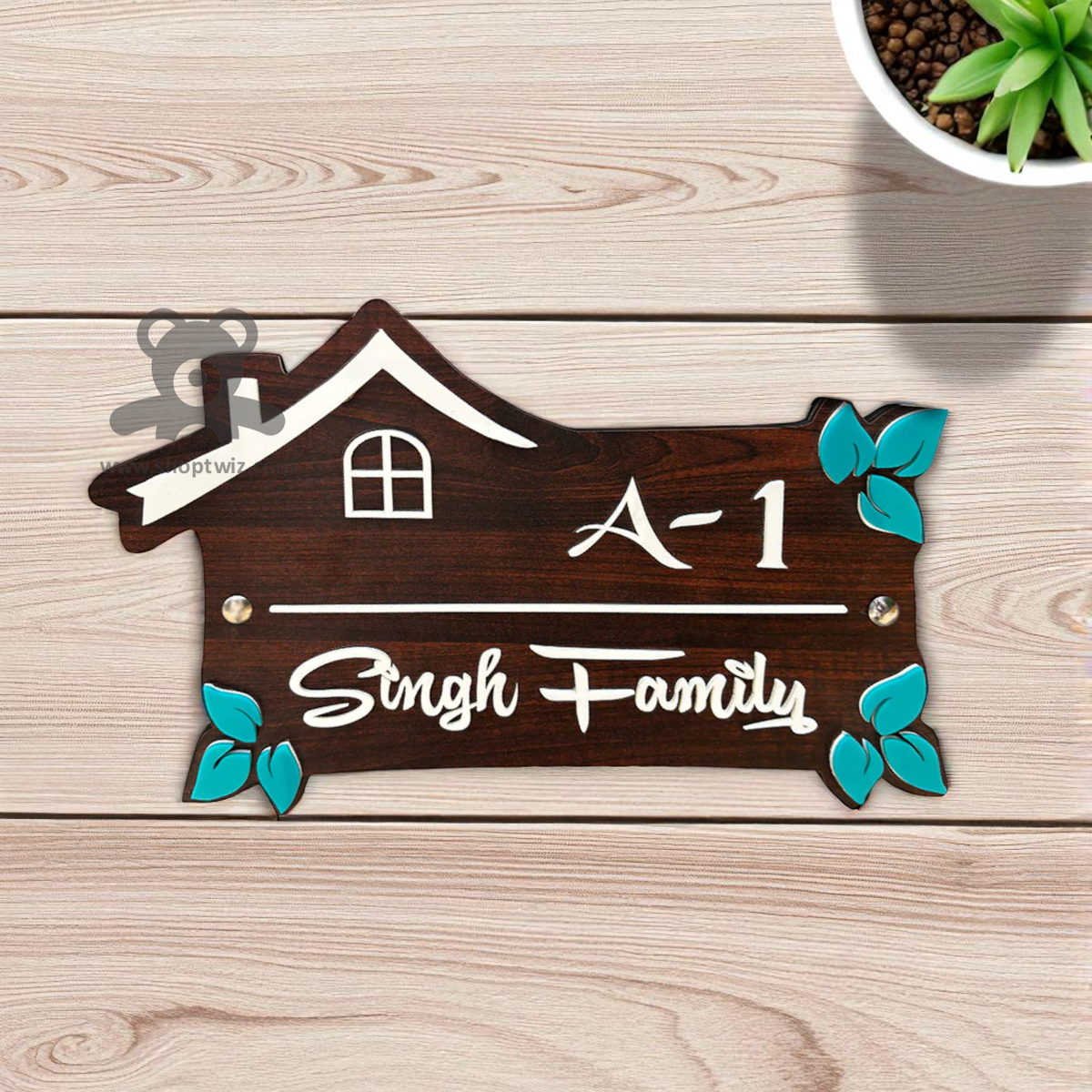 ShopTwiz Home Wood White Letter Sky Blue Design Name Plate for House and Office