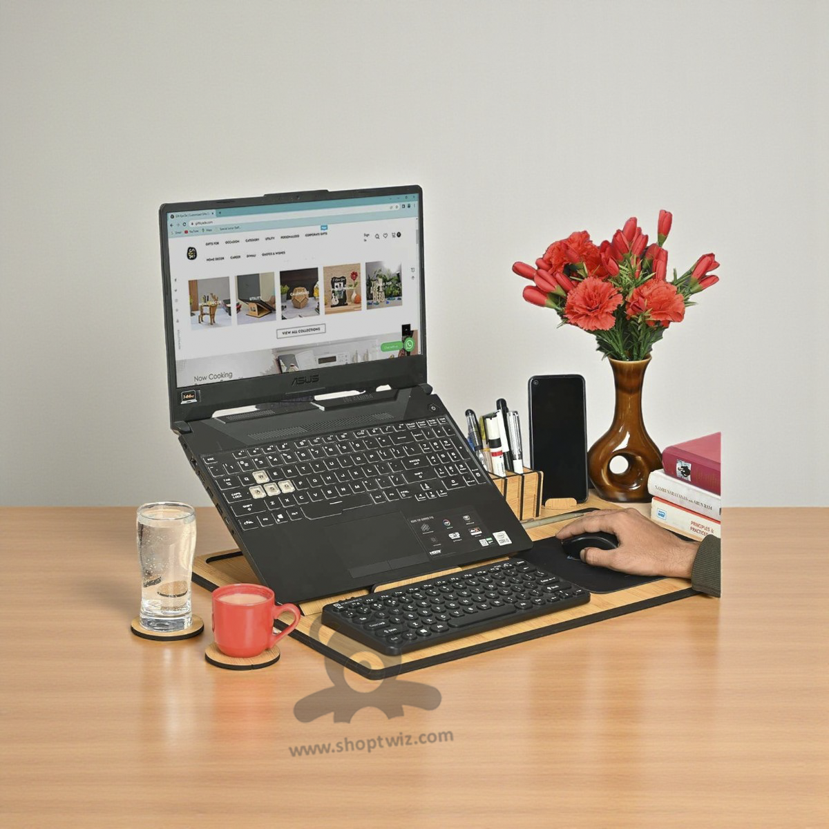 ShopTwiz Wooden Laptop Stand With Mouse Pad & Coaster Set -Premium Corporate Gift