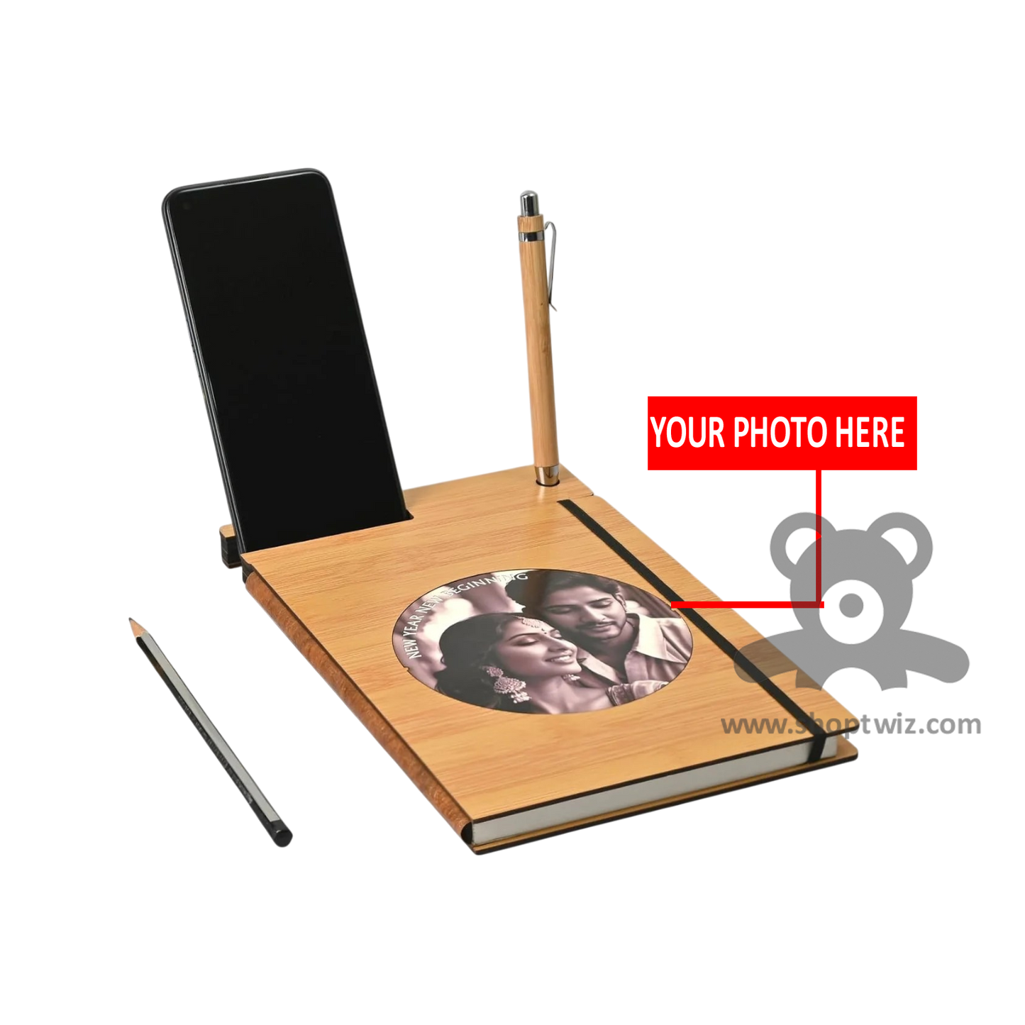 ShopTwiz Customized Wooden Notebook With Mobile & Pen Holder-Premium Corporate Gift