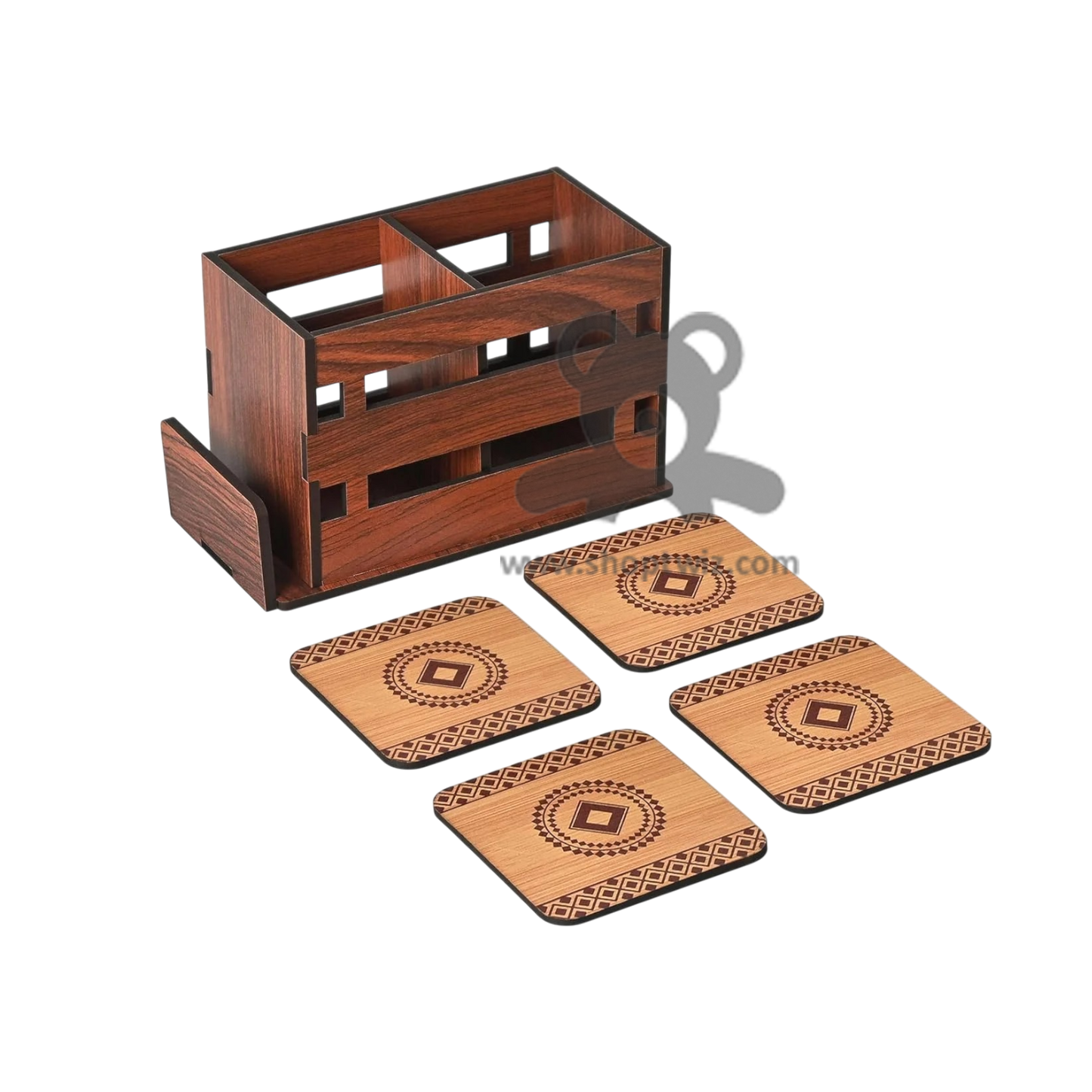 ShopTwiz Wooden Multipurpose Organizer With Designer Coaster Set - Premium Corporate Gift