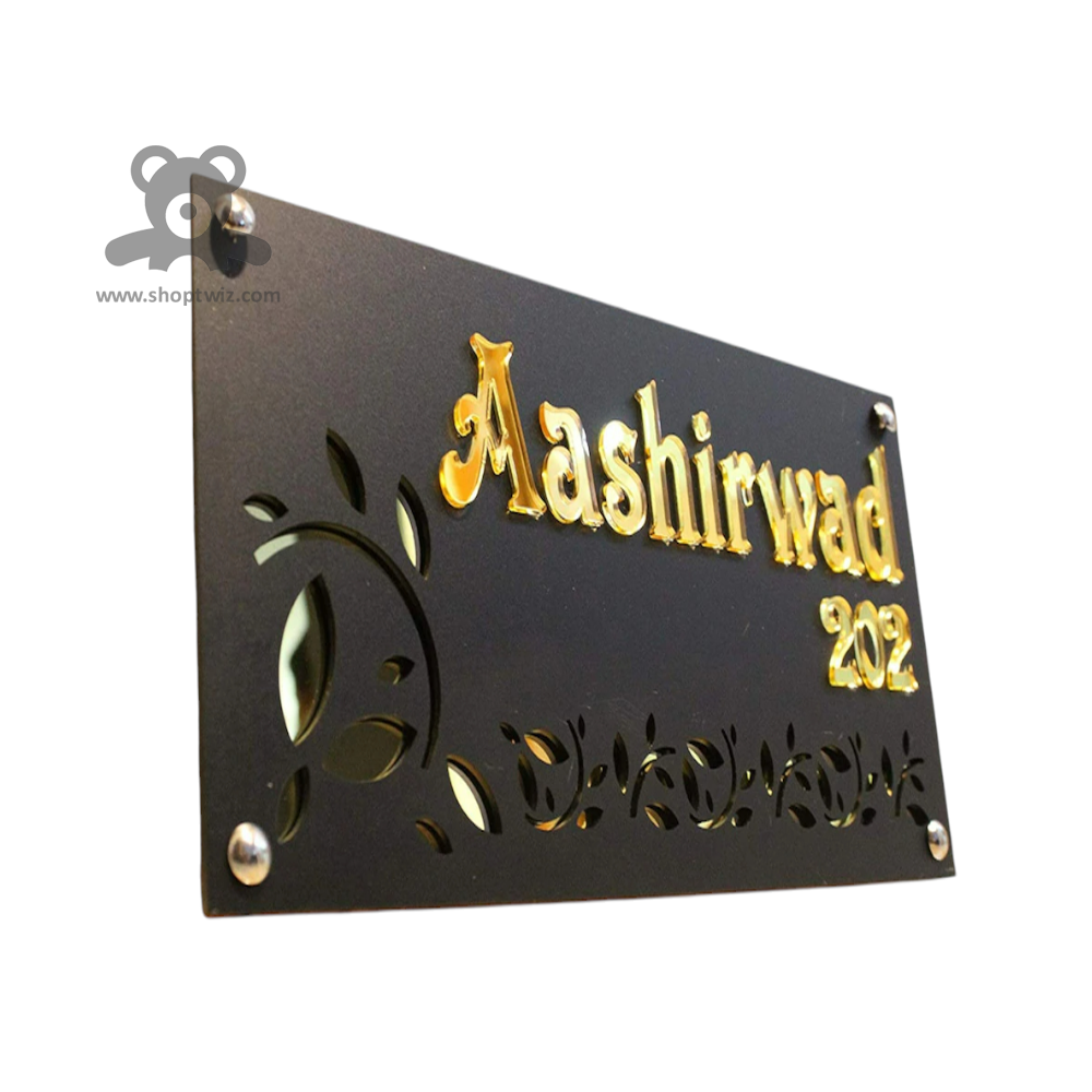 ShopTwiz Rectangle Black Acrylic Golden Letter Name Plate for House and Office