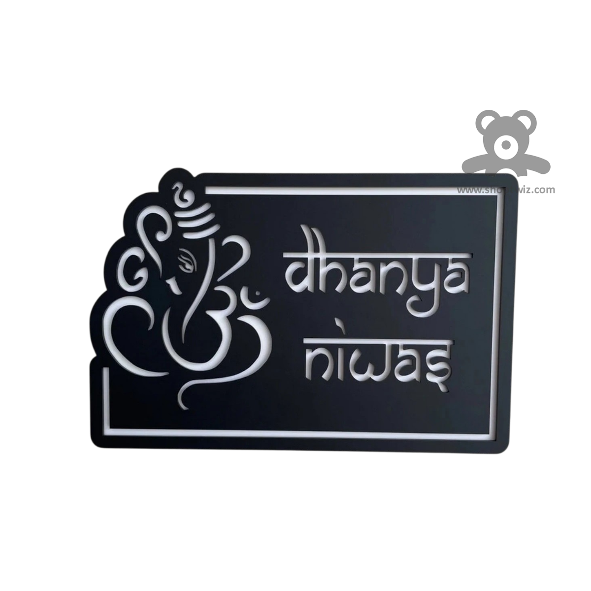 ShopTwiz Square Black Acrylic White Letter Ganesh Name Plate for House and Office