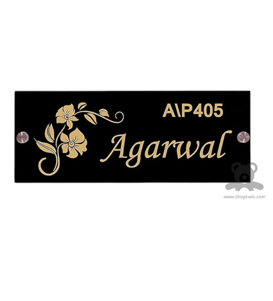 ShopTwiz Rectangle Black Acrylic Golden Letter Flower Name Plate for House and Office