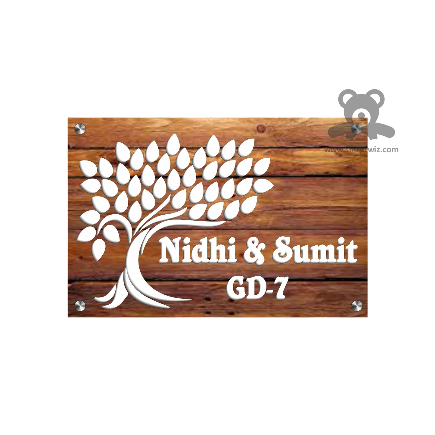 ShopTwiz Square Wood White Tree And Letter Name Plate for House and Office