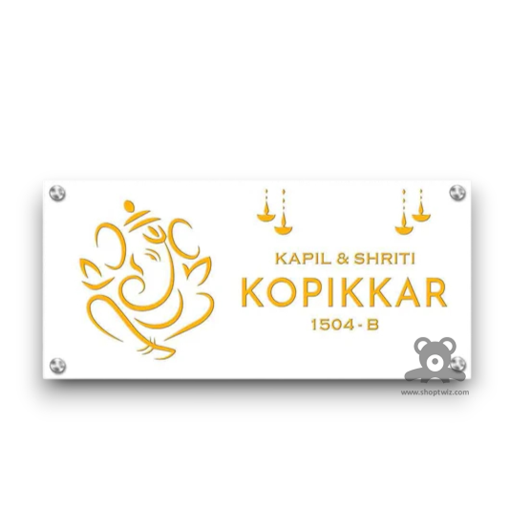 ShopTwiz Rectangle Black Golden And White Acrylic Ganesh Name Plate for House and Office