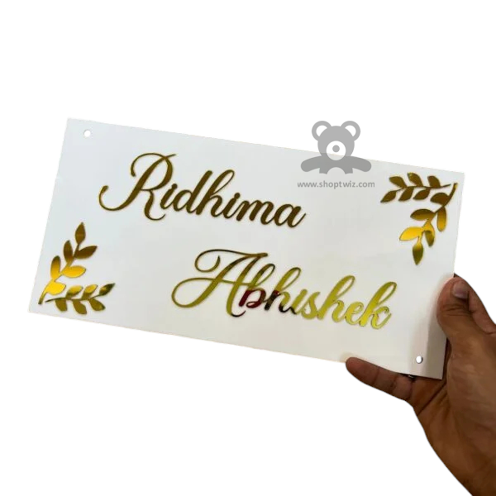ShopTwiz Rectangle White Acrylic Golden Letter Name Plate for House and Office