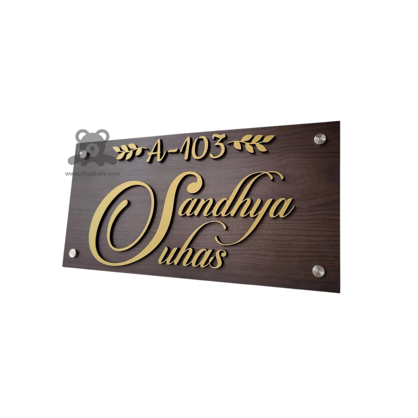 ShopTwiz Rectangle Wood Golden Letter Design Name Plate for House and Office