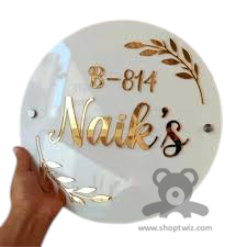 ShopTwiz Circle White Acrylic Golden Letter Name Plate for House and Office