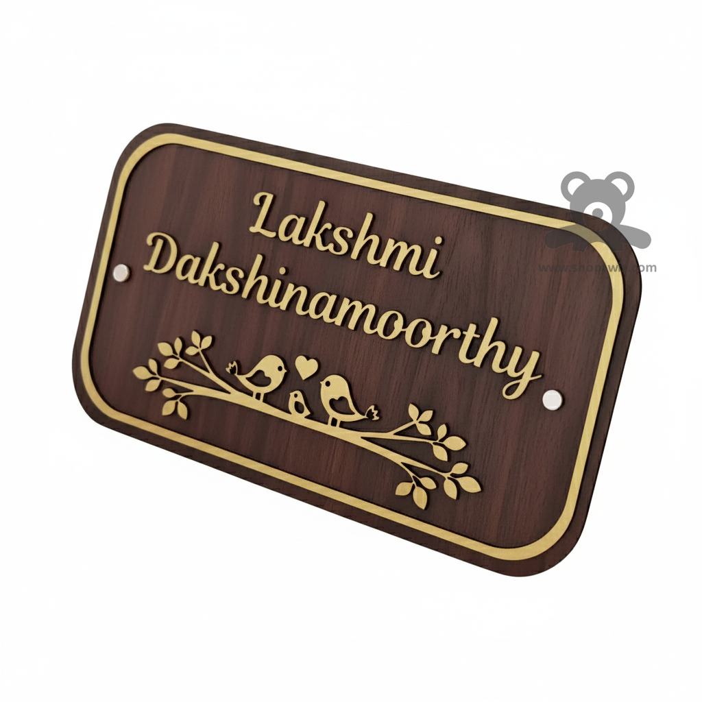 ShopTwiz Rectangle Wood Golden Letter Design Border Name Plate for House and Office