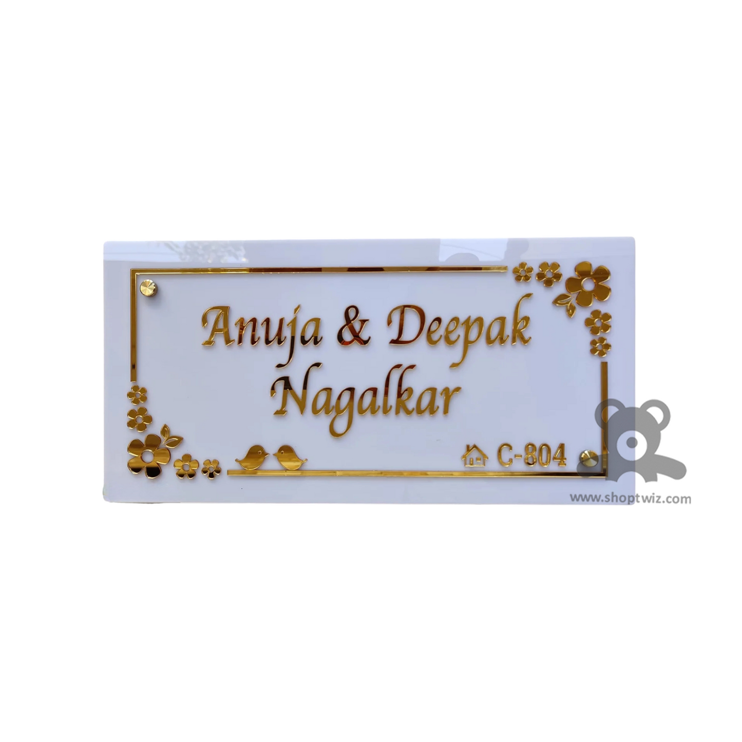 ShopTwiz Rectangle White Golden Letter Design Name Plate for House and Office
