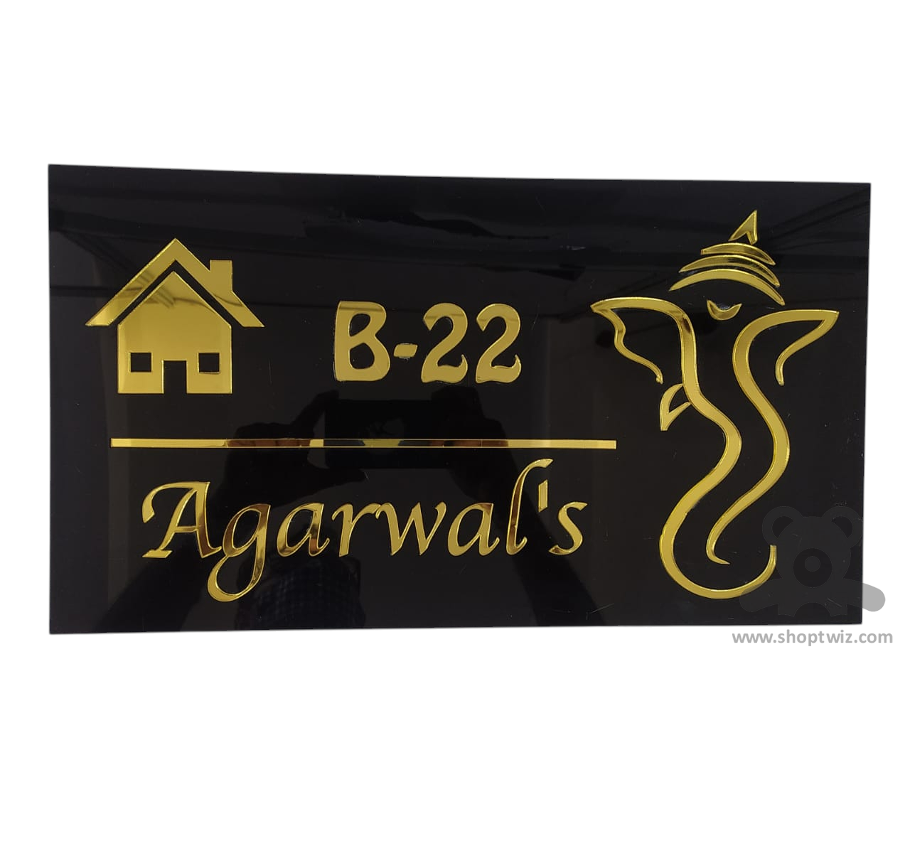 ShopTwiz Rectangle Black Acrylic Golden Letters Ganesha Name Plate for House and Office