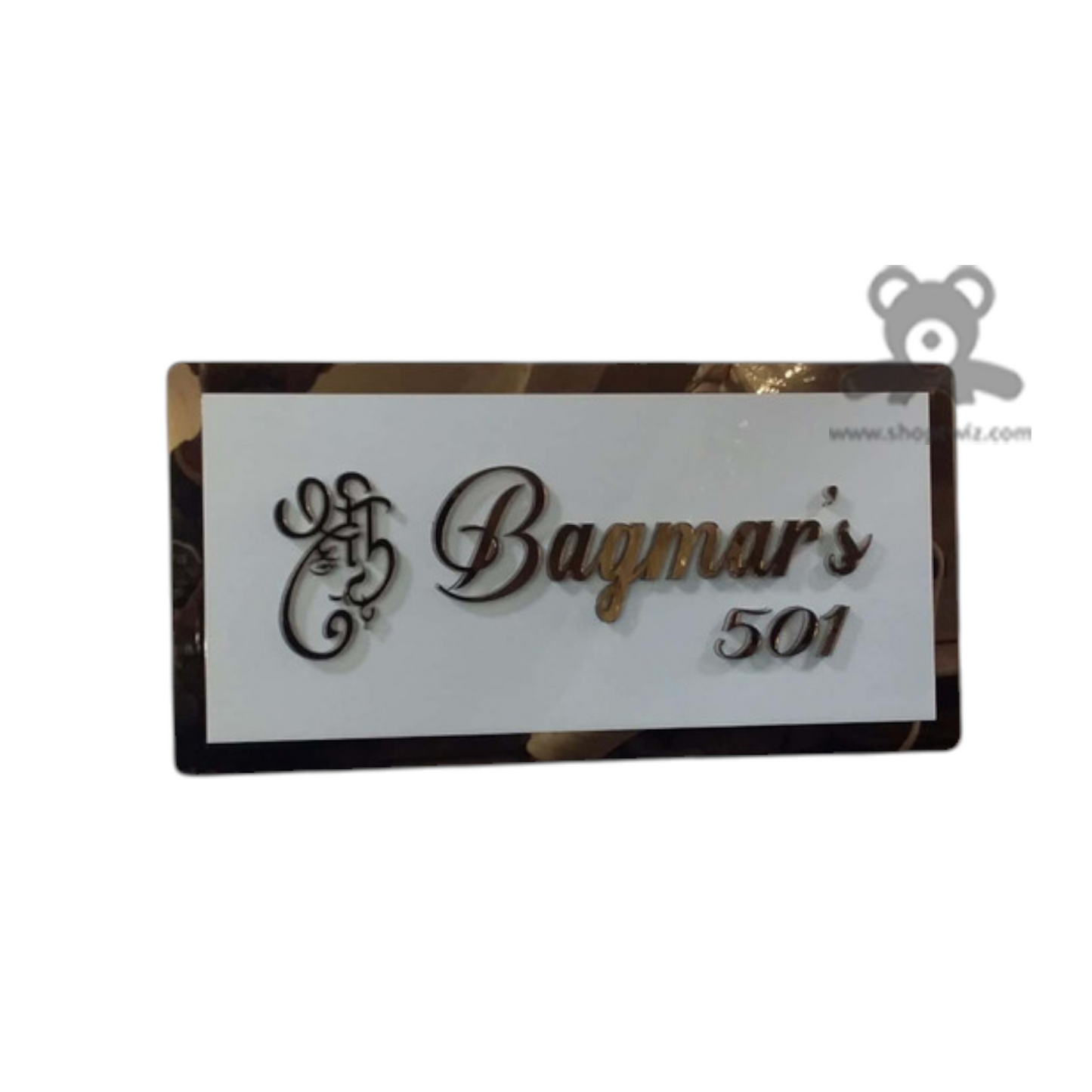 ShopTwiz Rectangle White Acrylic Golden Letter Shree Ganesh Name Plate for House and Office