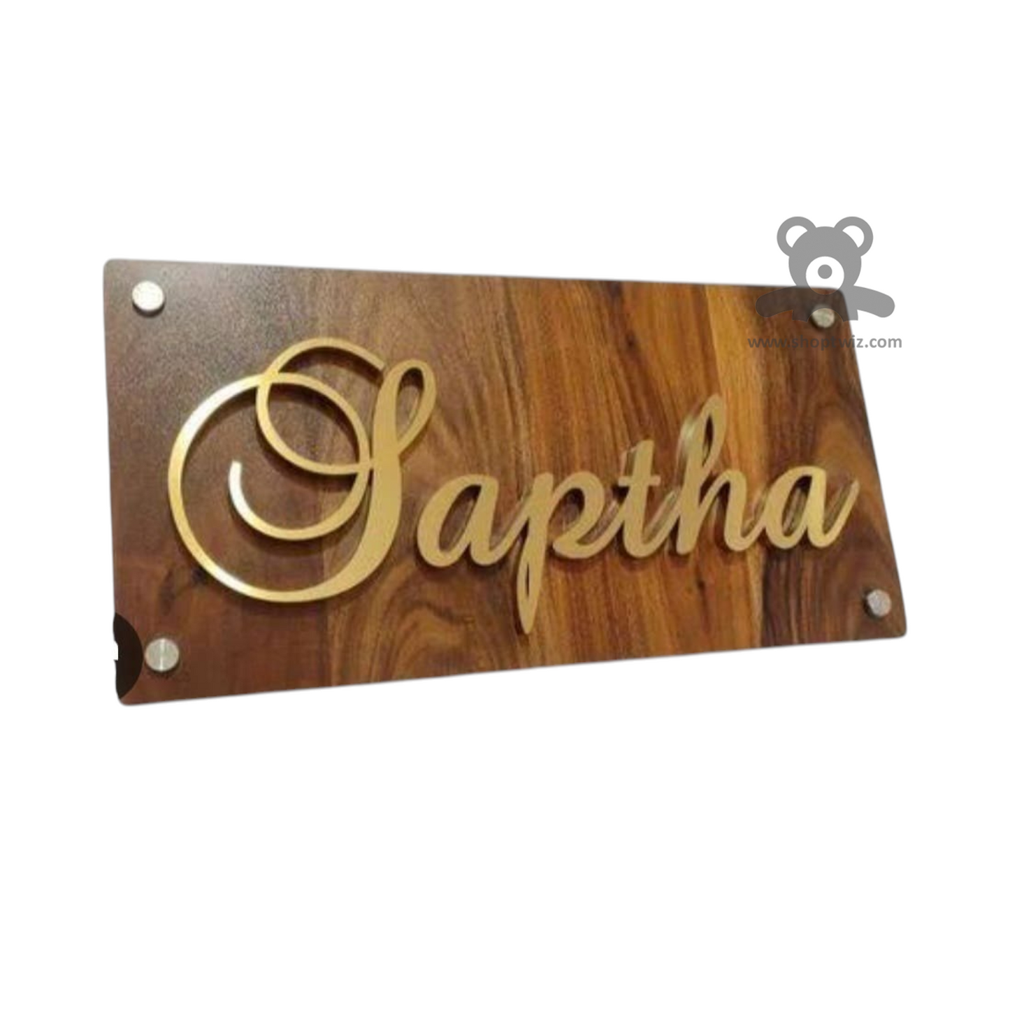 ShopTwiz Rectangle Wood Golden Letter Name Plate for House and Office