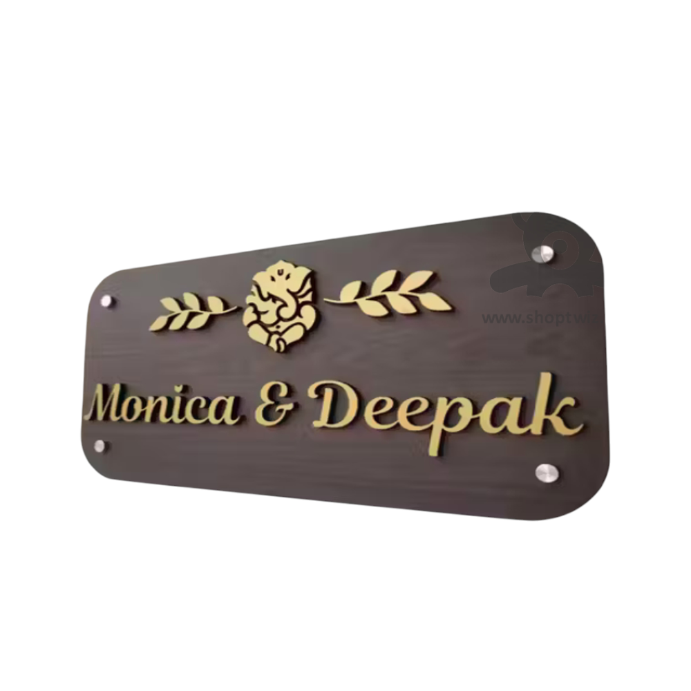 ShopTwiz Rectangle Wood Golden Letter Ganesh Name Plate for House and Office