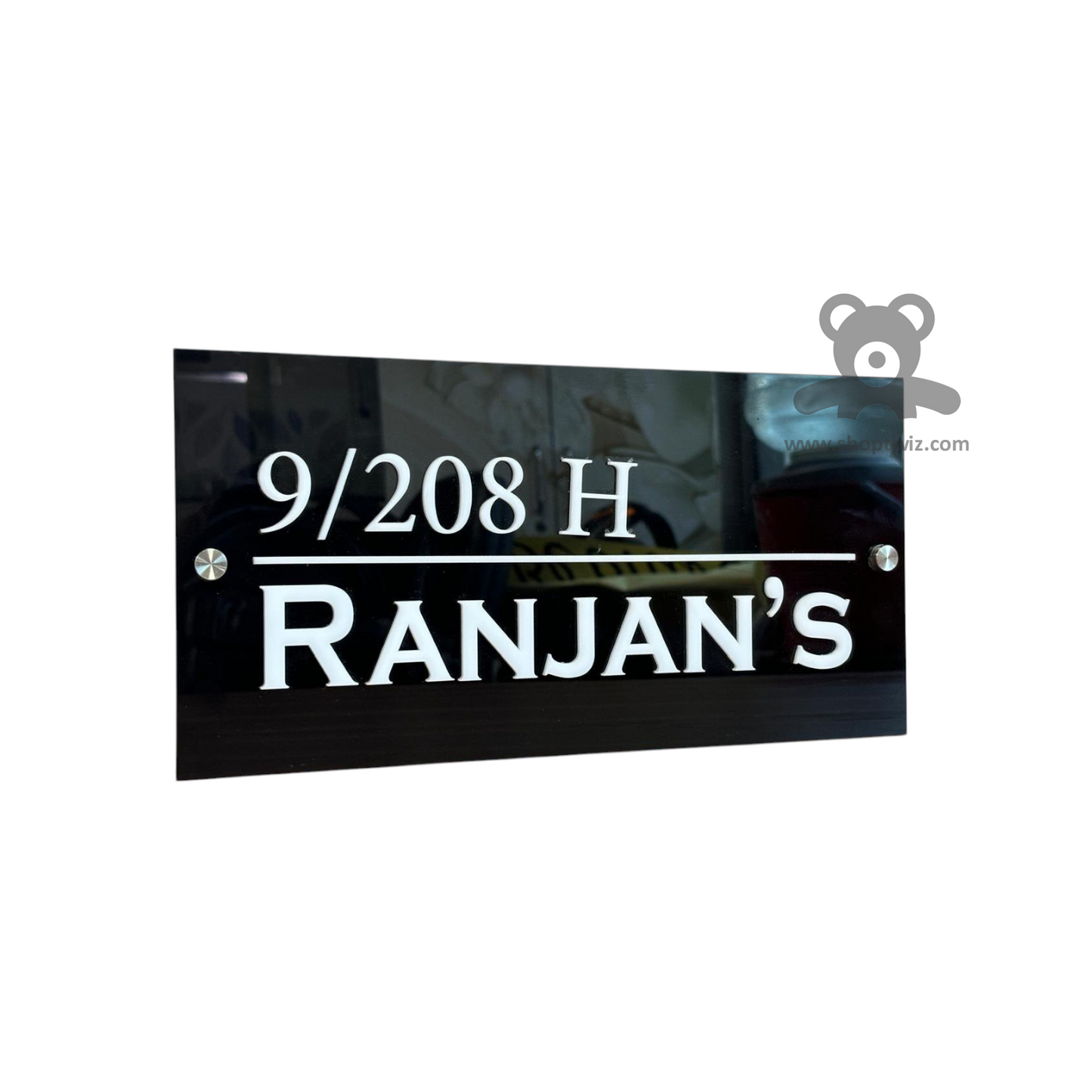 ShopTwiz Rectangle Black Acrylic White Letter And Border Name Plate for House and Office