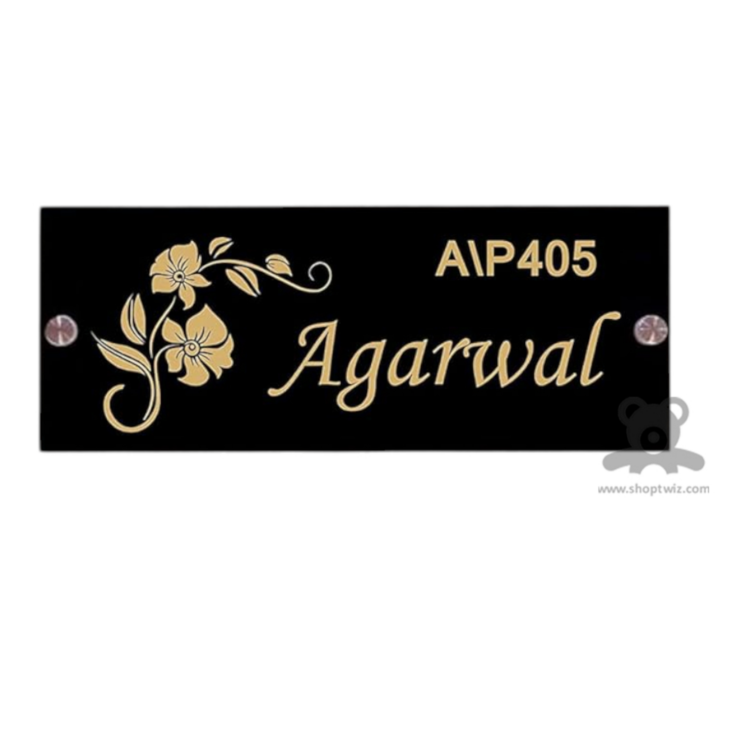 ShopTwiz Rectangle Black Acrylic Golden Letter Flower Name Plate for House and Office
