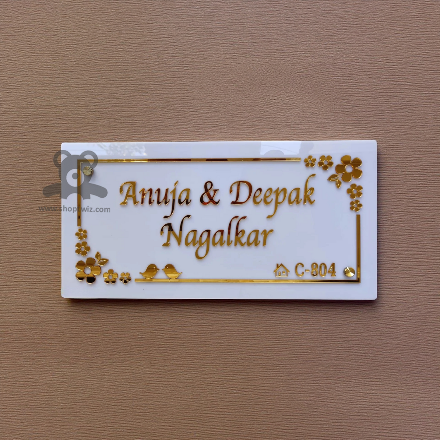 ShopTwiz Rectangle White Golden Letter Design Name Plate for House and Office