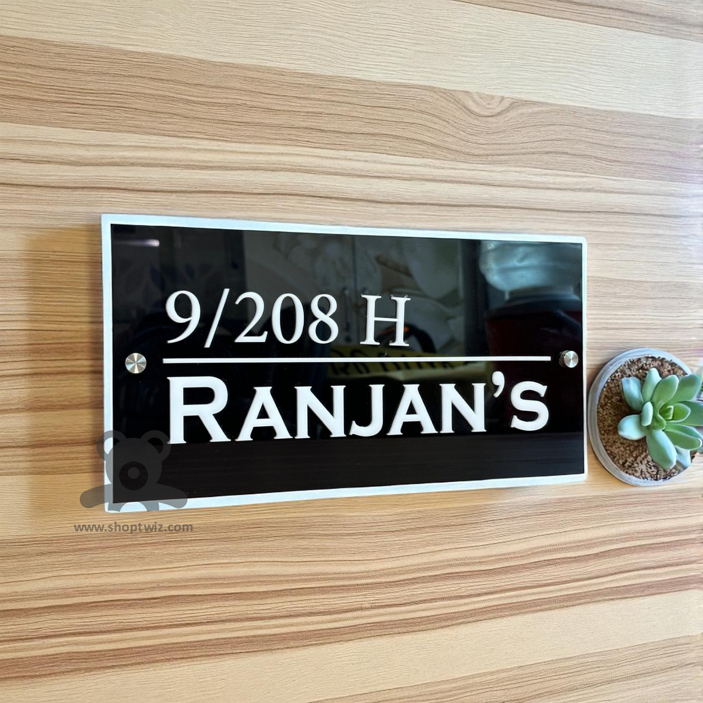 ShopTwiz Rectangle Black Acrylic White Letter And Border Name Plate for House and Office