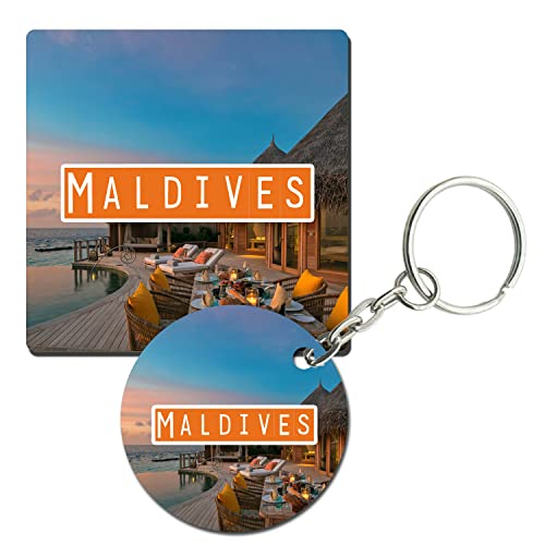 Prints and Cuts Maldives Scenic Set of Fridge Magnet and Key Chain (Combo)