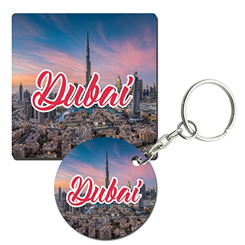 Prints and Cuts Dubai Scenic Set of Fridge Magnet and Key Chain (Combo)