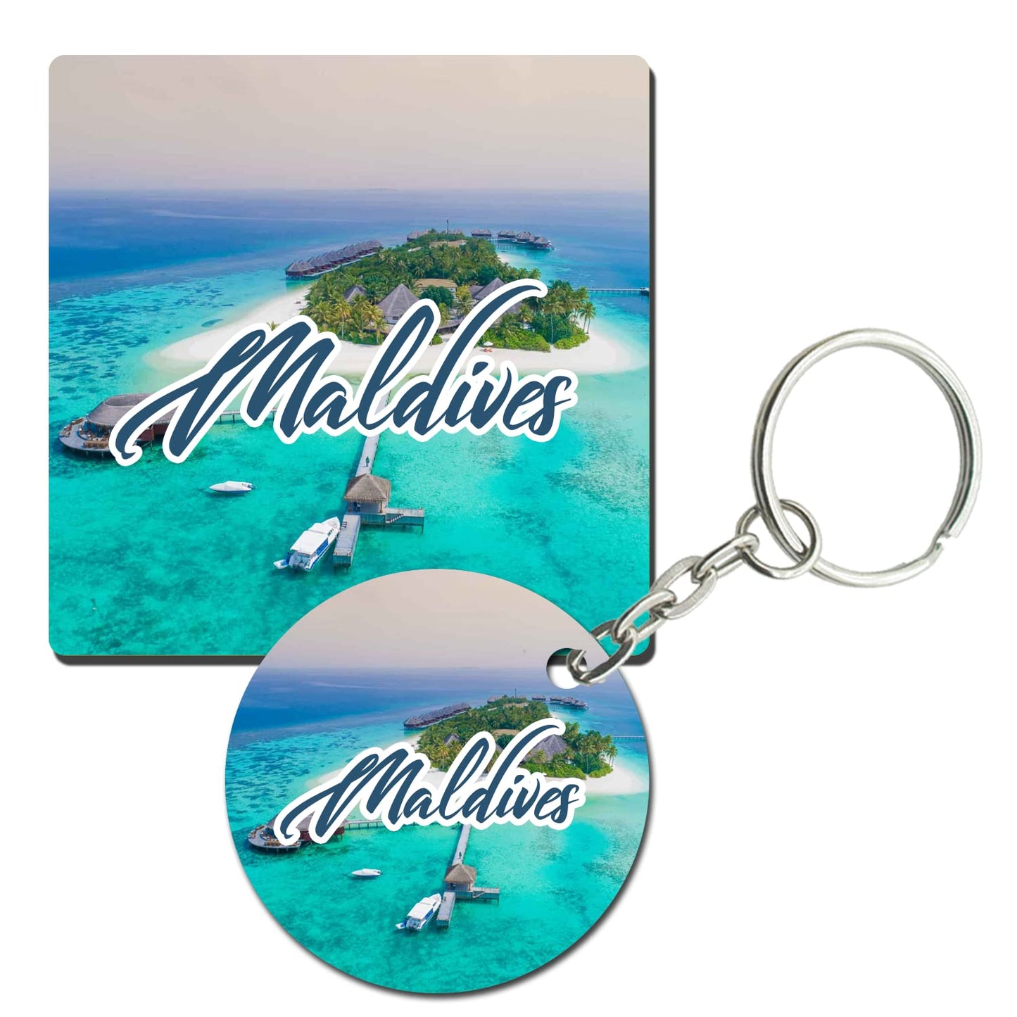 Prints and Cuts Maldives Tourism Set of Fridge Magnet and Key Chain (Combo)