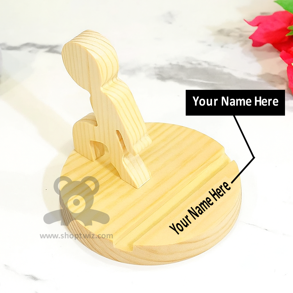 ShopTwiz Customized Boy-Shaped Wooden Mobile Stand – Personalize with Logo or Name | Unique Corporate Gift