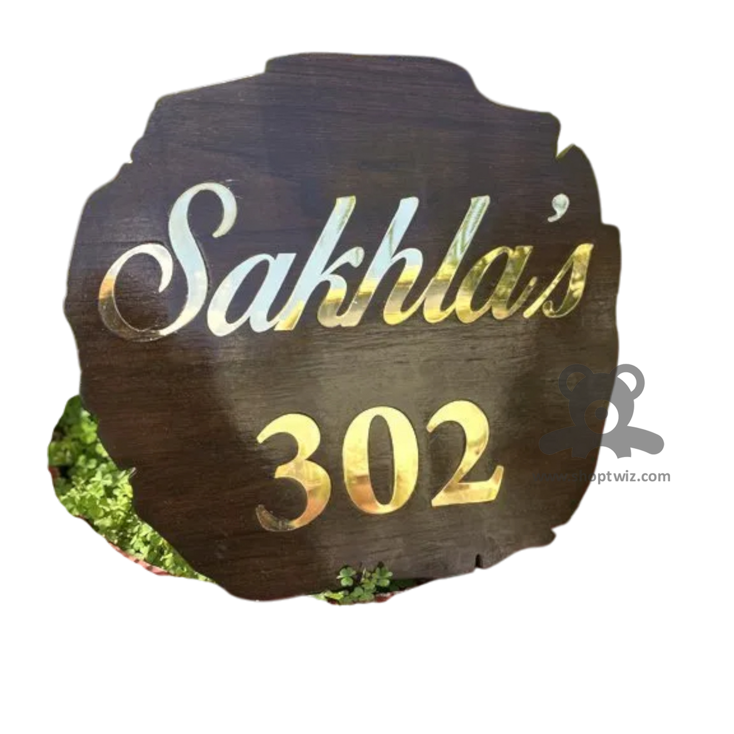 ShopTwiz Circle Wood Golden Letter Name Plate for House and Office