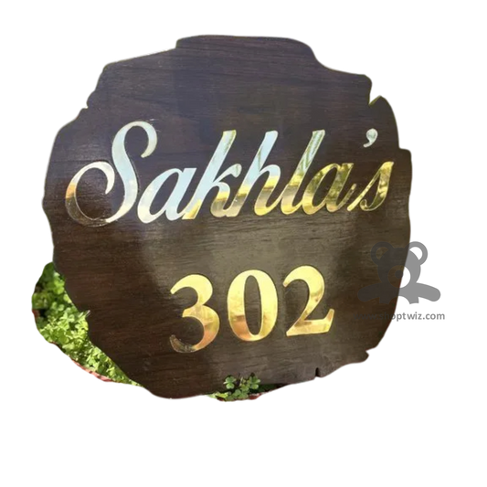 ShopTwiz Circle Wood Golden Letter Name Plate for House and Office