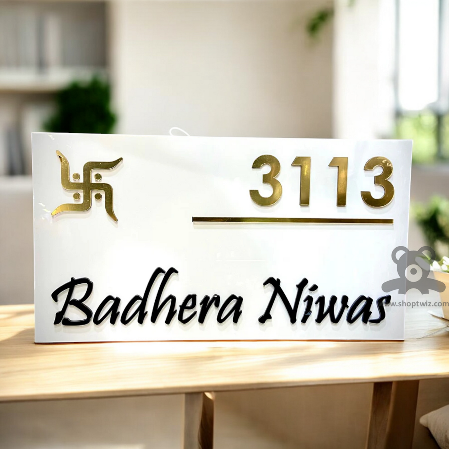 ShopTwiz Rectangle White Golden and Black Letter Name Plate for House and Office