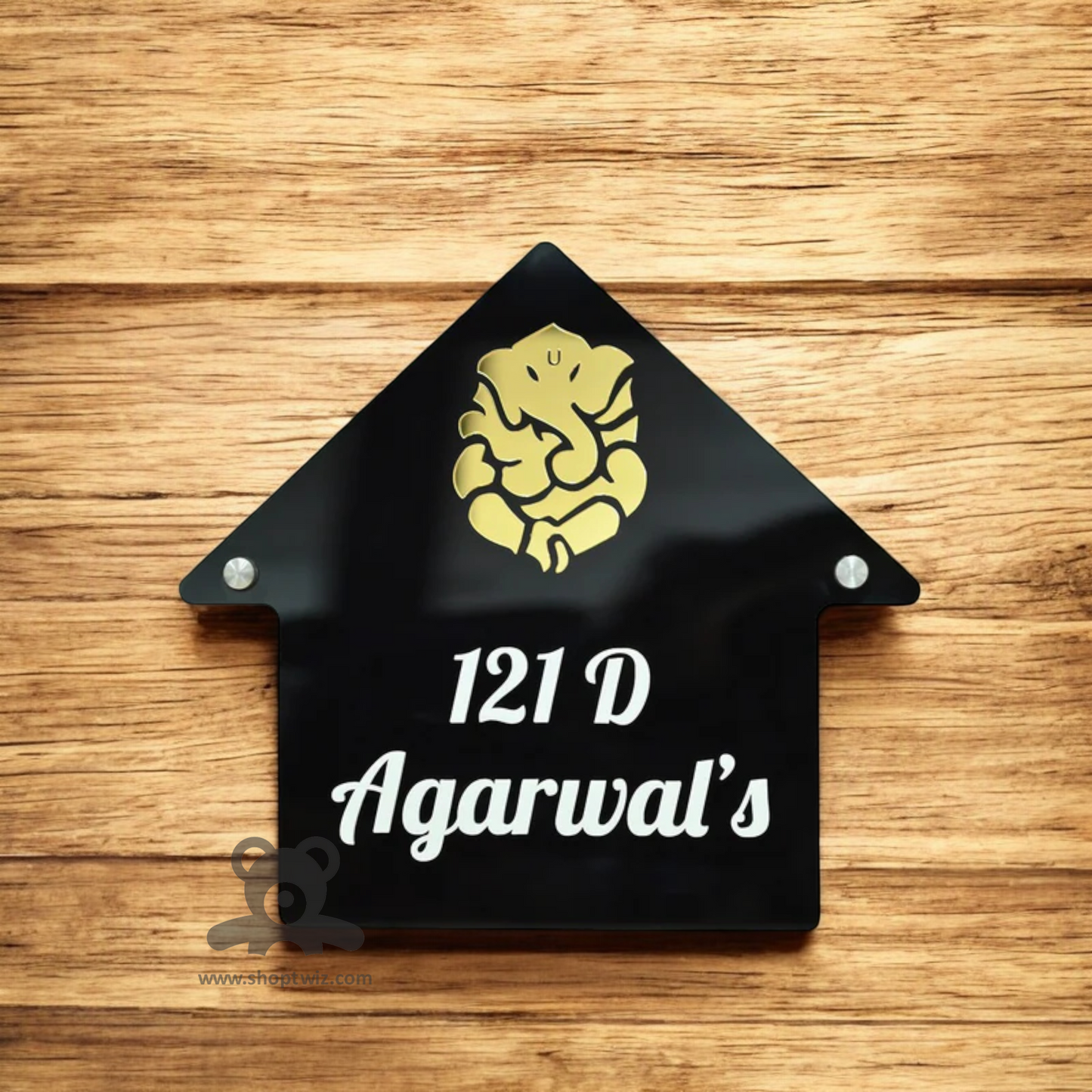 ShopTwiz House Black Golden Ganesh White Letter Name Plate for House and Office