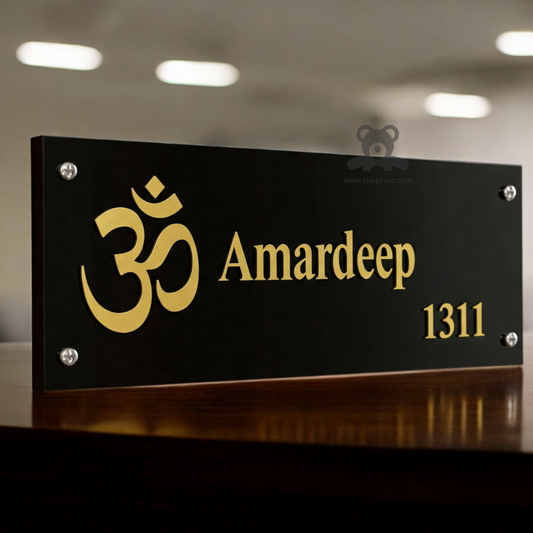 ShopTwiz Rectangle Black White Golden Om and Letters Name Plate for House and Office