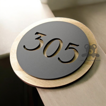 ShopTwiz Circle Wood And Black Acrylic Name Plate for House and Office