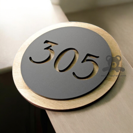 ShopTwiz Circle Wood And Black Acrylic Name Plate for House and Office