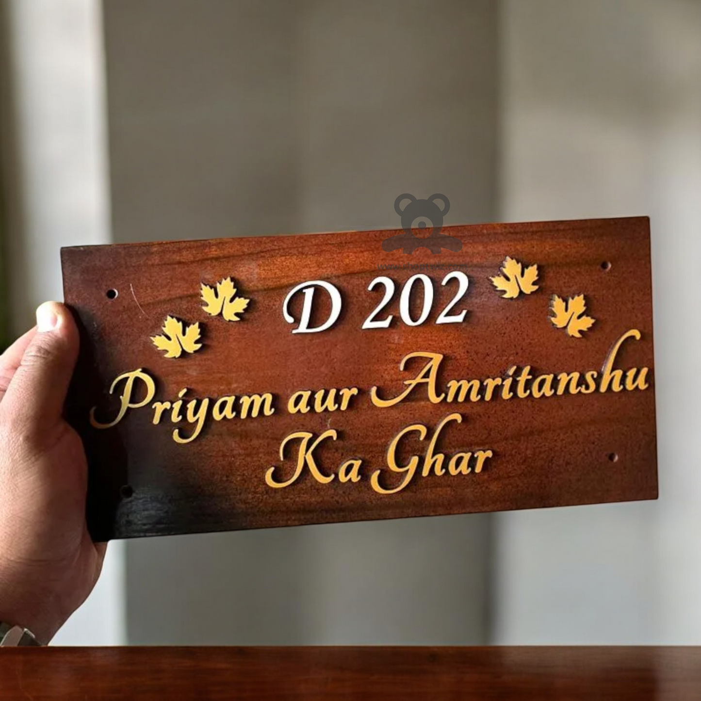 ShopTwiz Rectangle Simple Wood Golden Design with Letter Name Plate for House and Office