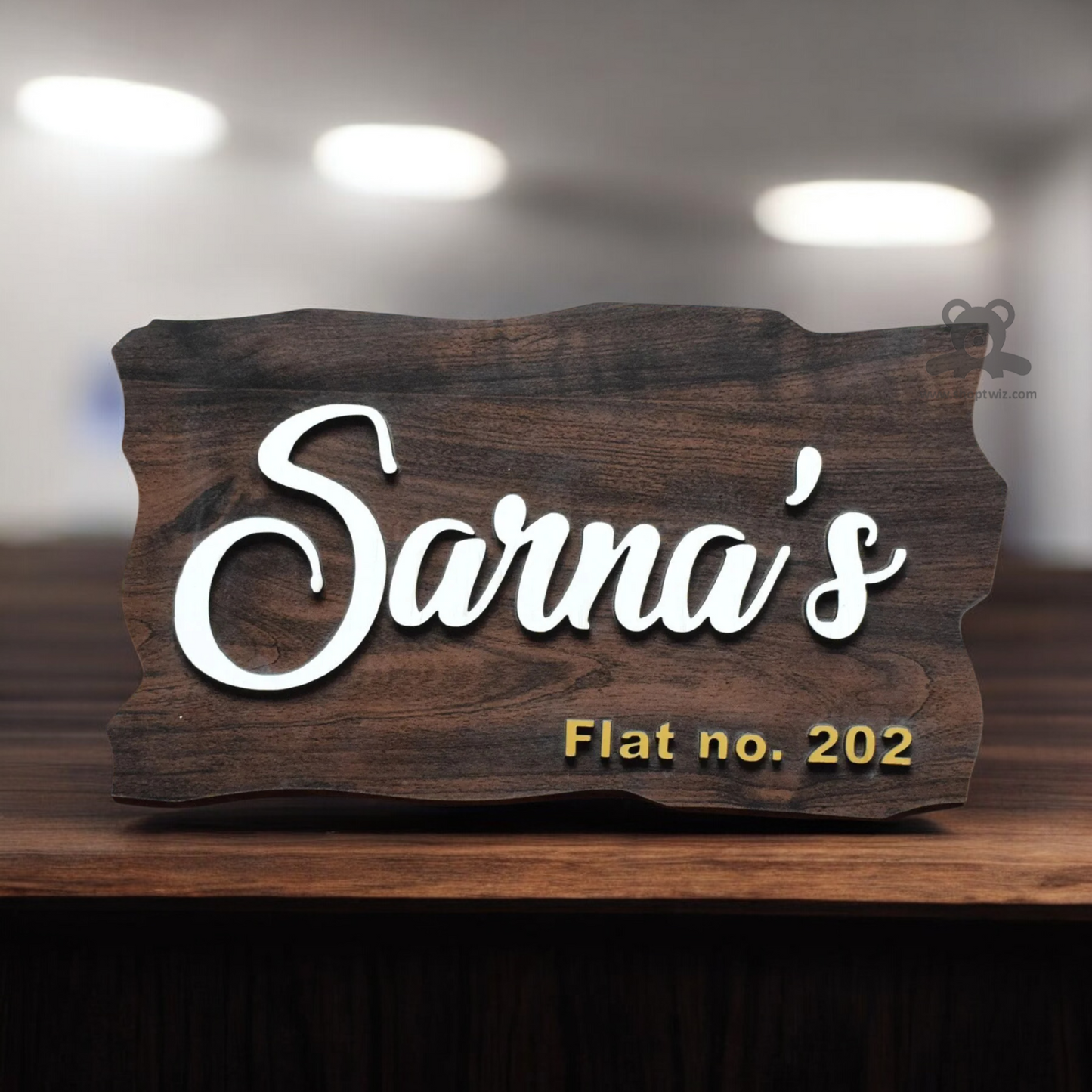 ShopTwiz Rectangle Design Wood White and Golden Letter Name Plate for House and Office