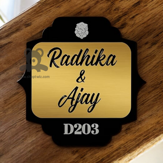 ShopTwiz Square Design Black Golden Acrylic Black Letter Name Plate for House and Office