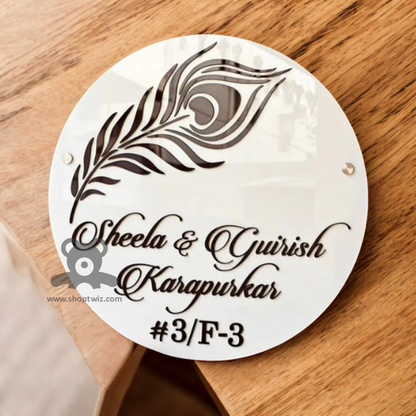 ShopTwiz Circle White Black Letter And Peacock Feather Name Plate for House and Office