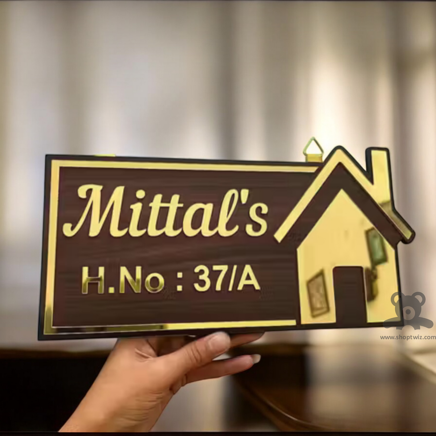ShopTwiz Rectangle Wood Golden Design and Golden Letter Name Plate for House and Office