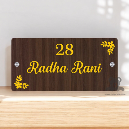 ShopTwiz Rectangle Wood Golden Letter and Design Name Plate for House and Office