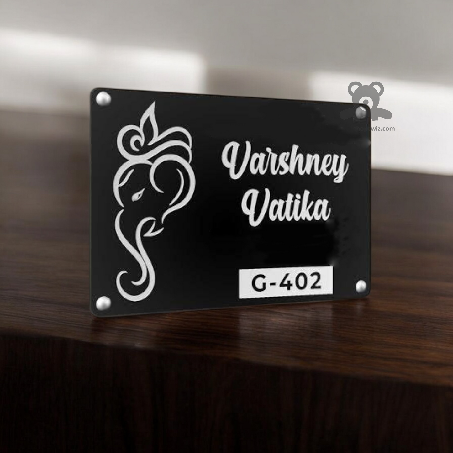 ShopTwiz Square Black White Ganesh Letter Design Name Plate for House and Office