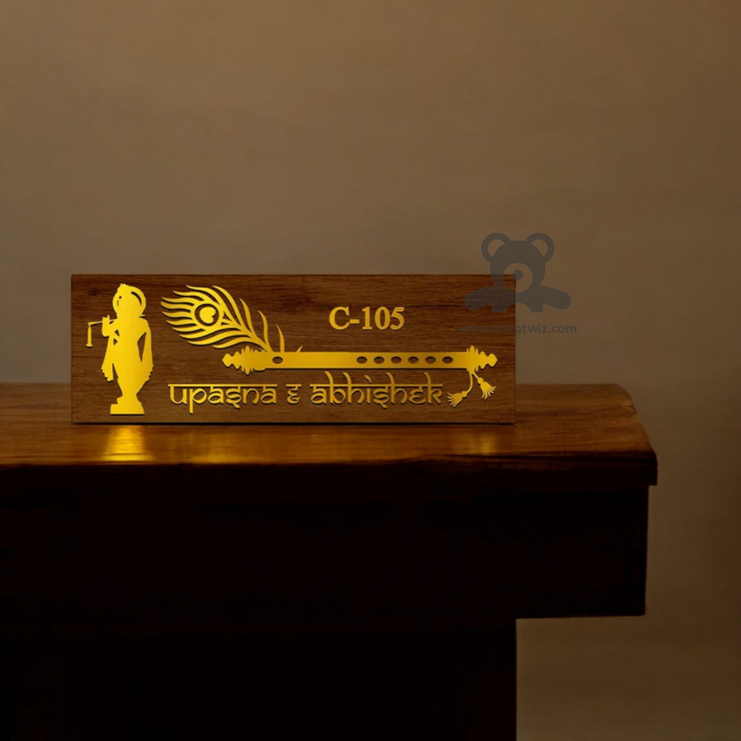 ShopTwiz Rectangle Wood Golden Krishna And Letter Name Plate for House and Office